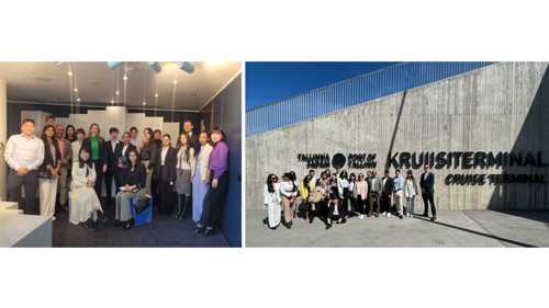 two photos arranged next to each other showing Postgraduate students posing on site visits to different companies on their study trip