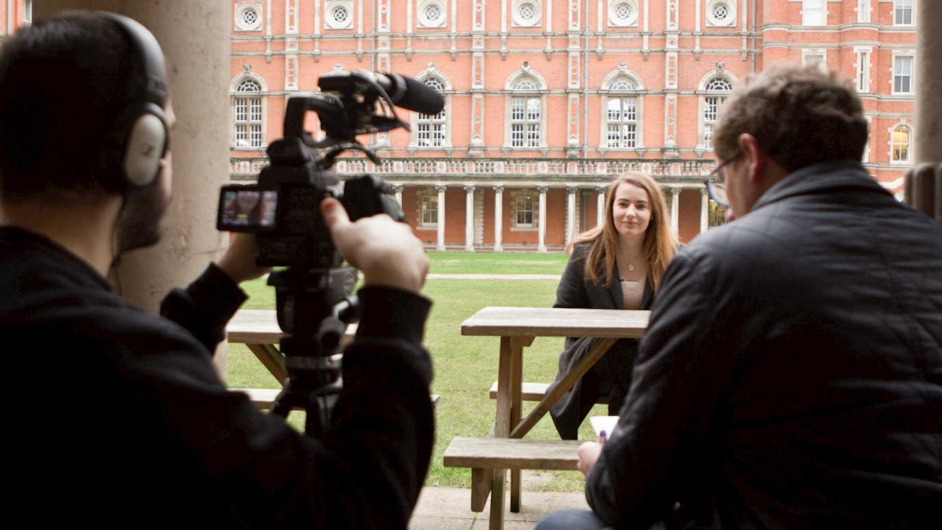 Students filming in Founder's - Media Arts